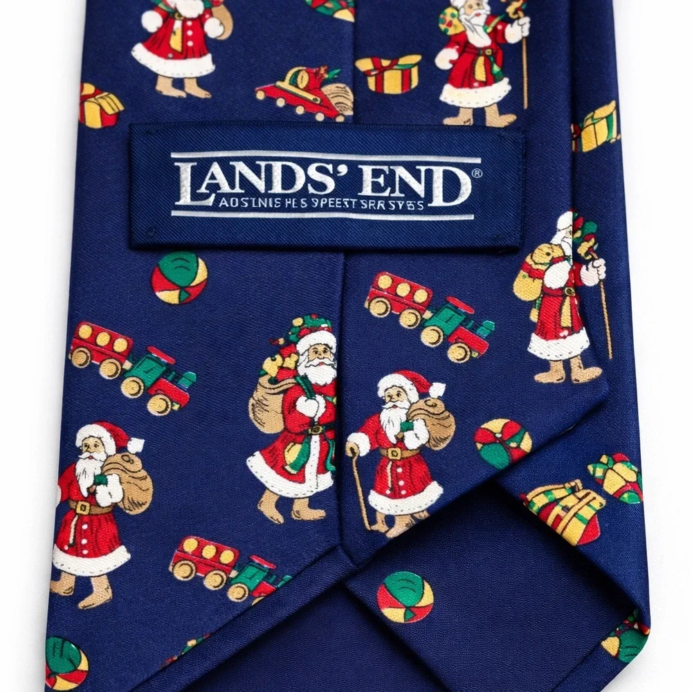 Lands’ End Christmas Santa Tie 100% Silk Navy Blue Novelty Holiday Necktie